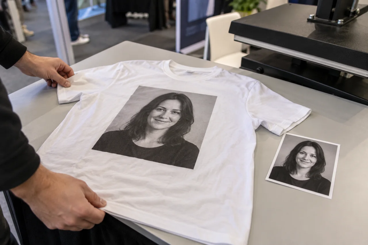 Напечатанная фотография и белая футболка с фотографическим принтом, иллюстрация двух результатов одной съёмки