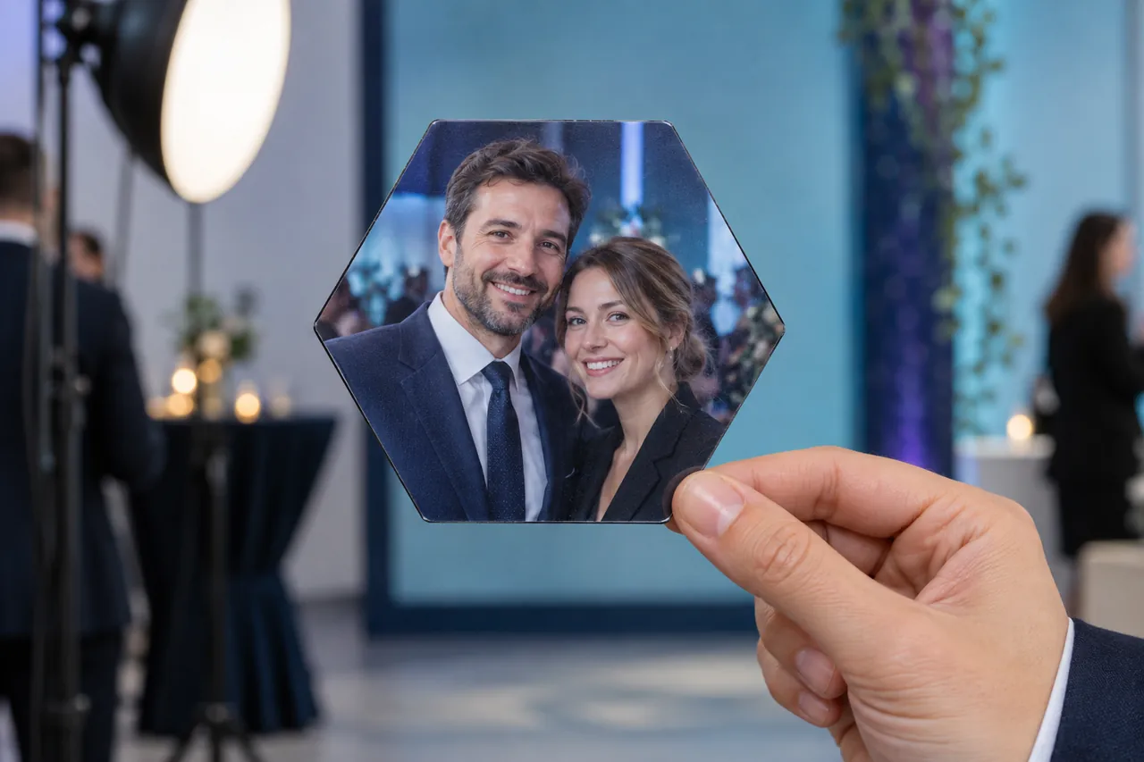 Шестиугольный фотомагнит с фотографией двух коллег — визуализация