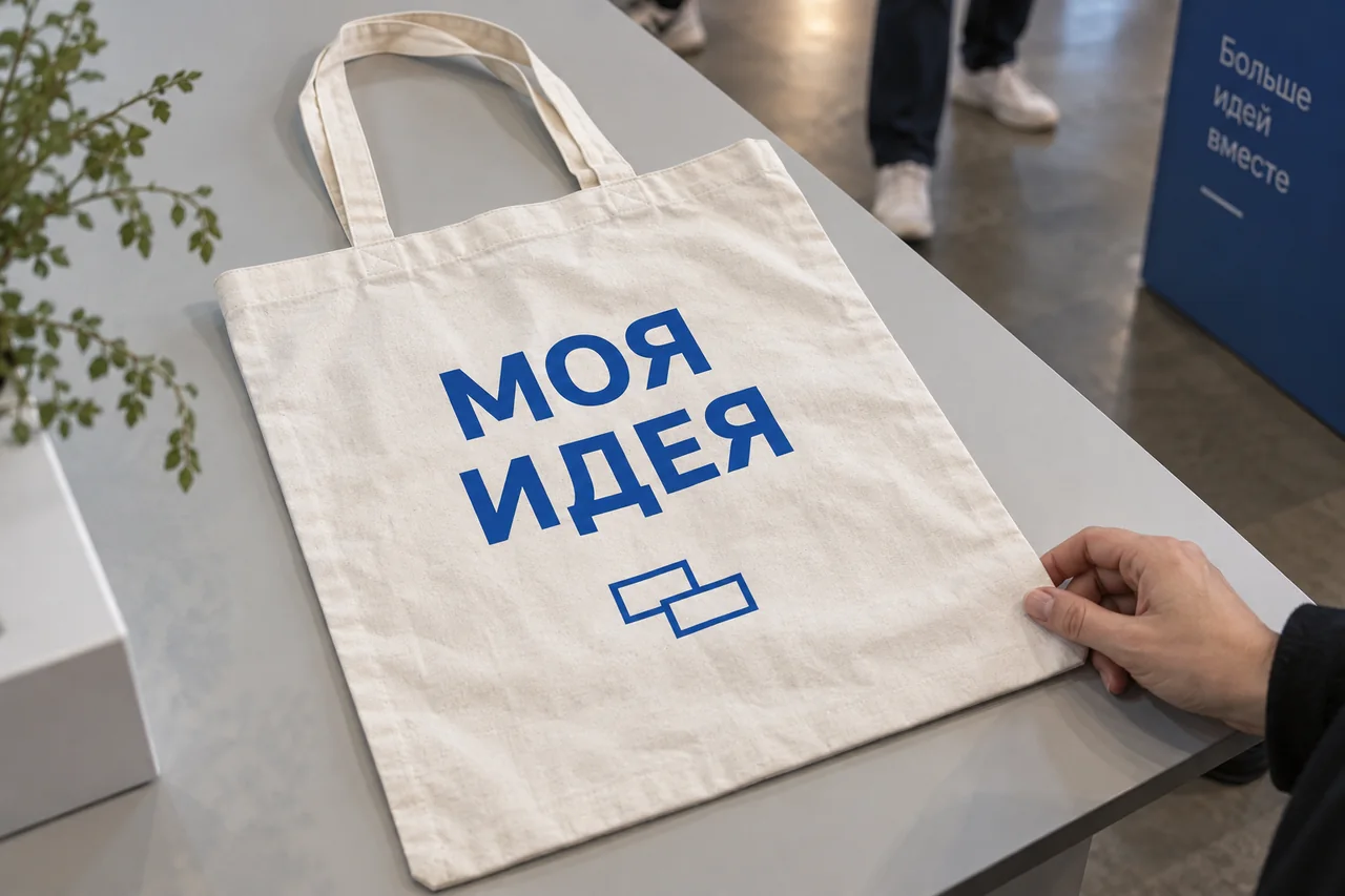 Шоппер с личной фразой МОЯ ИДЕЯ и синими рамками — визуализация текстовой персонализации