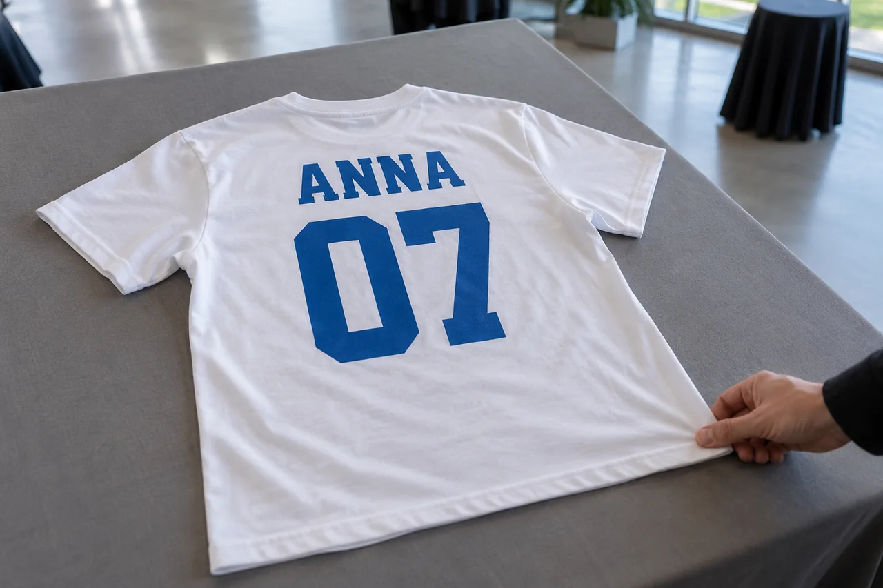 Белая футболка с именем ANNA и номером 07 на рабочем столе — визуализация именной печати